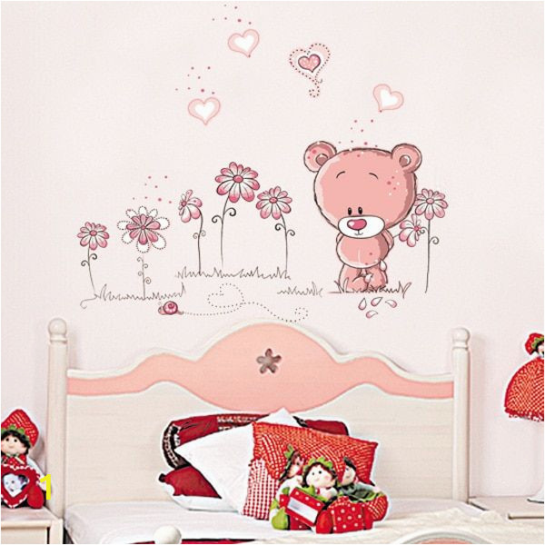 Baby Wall Mural Ideas Cute Pink Cartoon Animal Love Bear Flower Baby Children