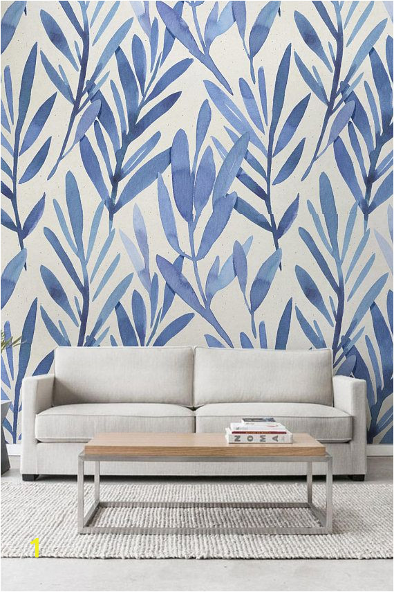 Back to the Wall Murals Wall Mural with Blue Watercolor Leaves Temporary Wall Mural