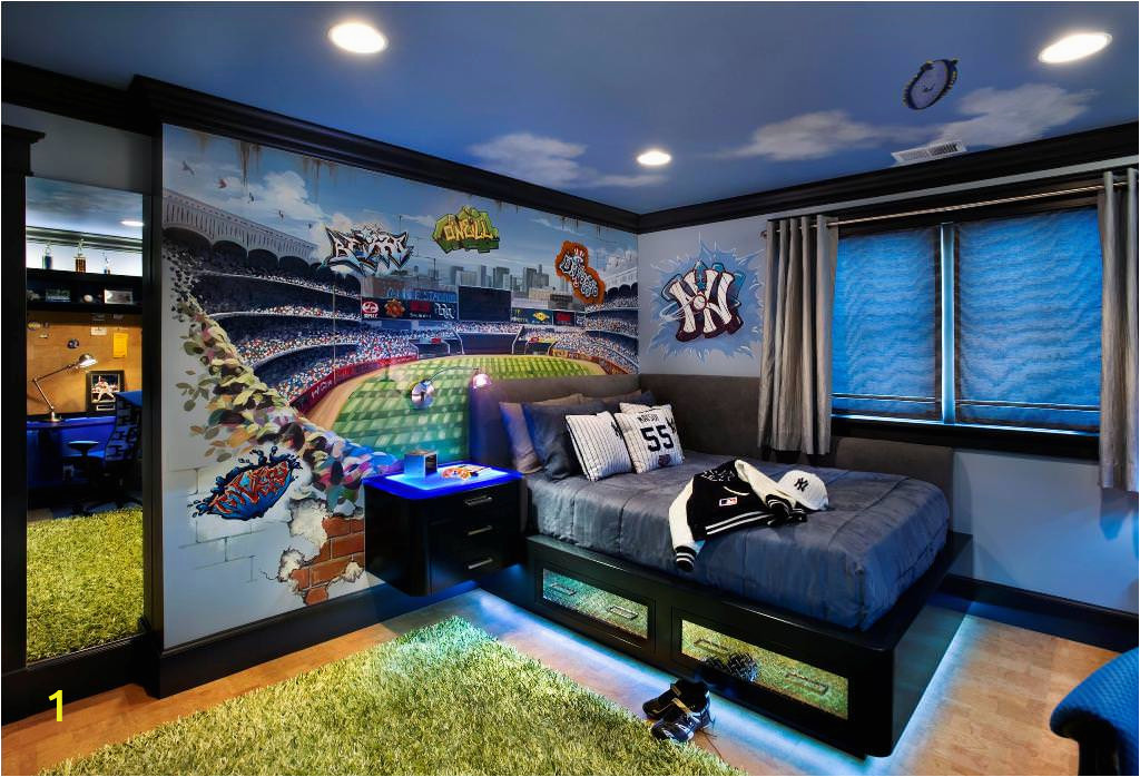 sporty decorations for boys rooms with wall mural and cascade coil drapery plus grey bed with grey bedding with baseball decoration and kickplate drawer front with recessed lighting