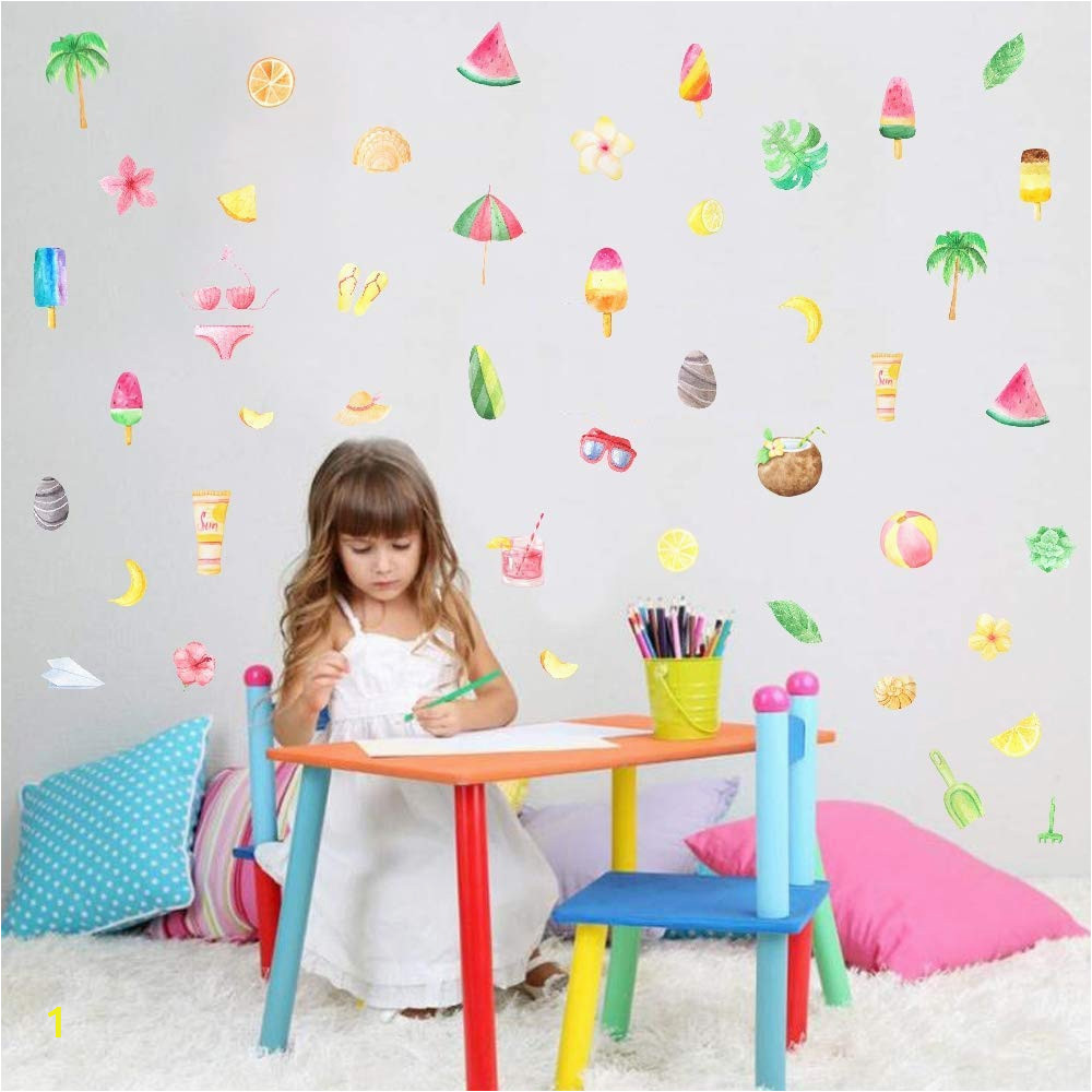Beach Wall Murals Amazon toarti Watercolor Summer Holiday Wall Decals 46 Decals Fresh Leaf& Flower Fruits Stickers for Fridge Decor Ice Cream Wall Art for Baby Kids