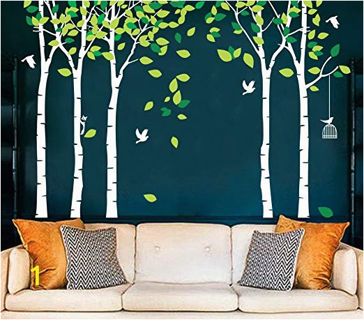 Beautiful Birch Tree Wall Mural Fymural 5 Trees Wall Decals forest Mural Paper for Bedroom Kid Baby Nursery Vinyl Removable Diy Decals 103 9×70 9 White Green