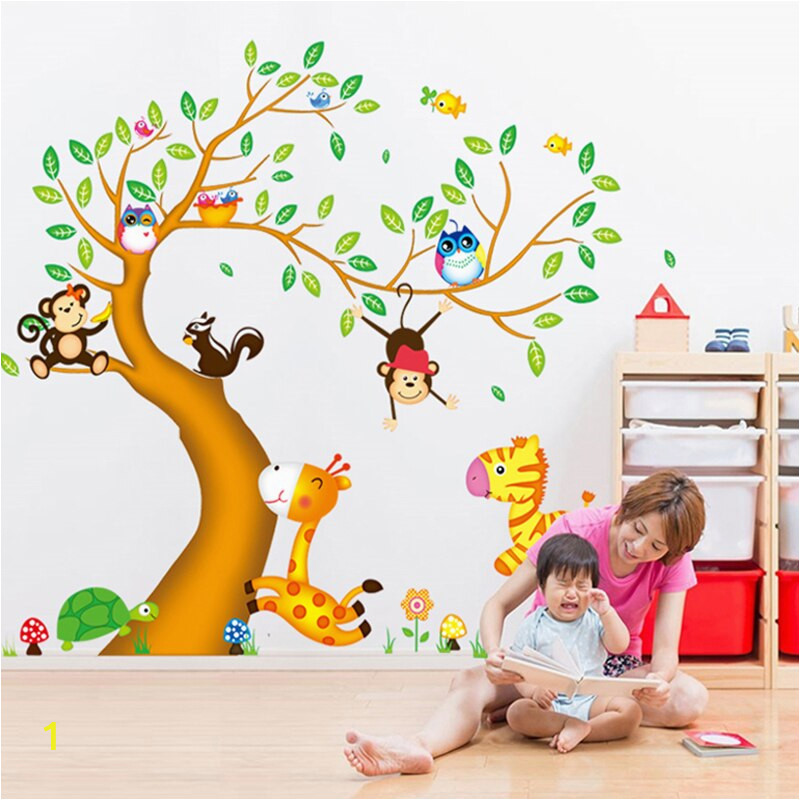 Bird and Owl Tree Wall Mural Set Cartoon Animal Zoo 3d Tree Wall Sticker Kids Baby Rooms Home Decoration Owl Birds Wall Art Decals Wallpaper Mural Wall Cling S Wall Clings