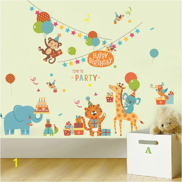 Birthday Party Wall Murals Cartoon Animals Birthday Party Wall Stickers for Kids Boys Girls Room Decor Air Balloon Cake Gift Party Wall Graphic Poster Wall Decals Wall Decor