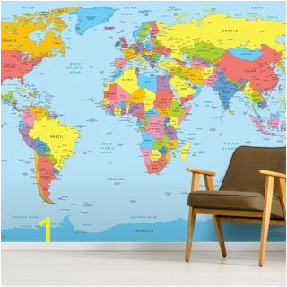 Blue World Map Wall Mural Colourful World Map In 2019 Kids Space