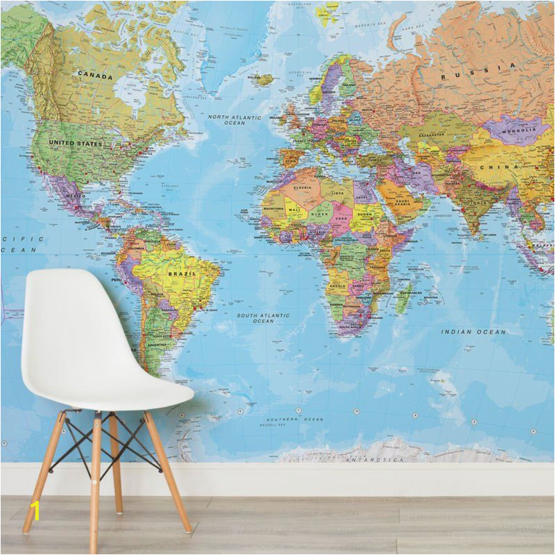 Blue World Map Wall Mural White and Natural Colour World Map Mural