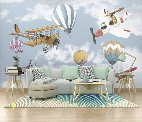 Childrens Wall Murals Wallpaper Airplane and Baloon Wallpaper Kids Room Cartoon Wall Mural