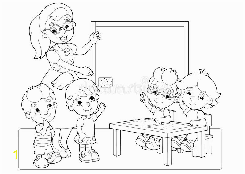 cartoon scene children teacher classroom holding hands up vector coloring page beautiful colorful illustration