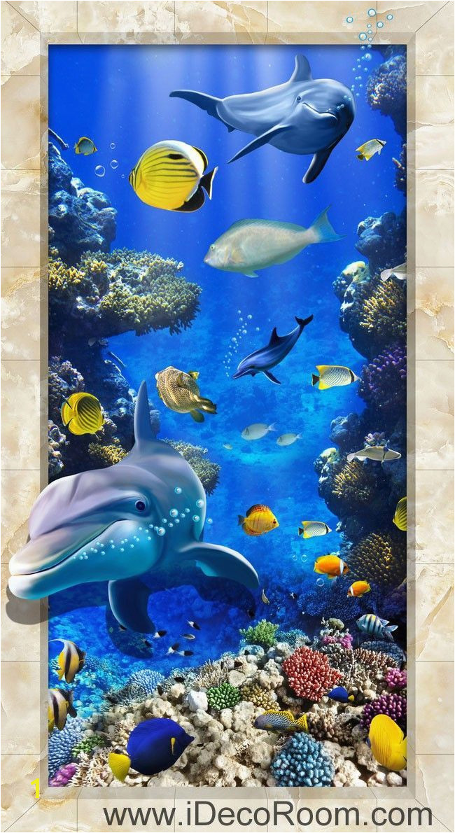 Coral Reef Wall Mural Dophin Chasing Coral Fish Ocean Floor Decals 3d