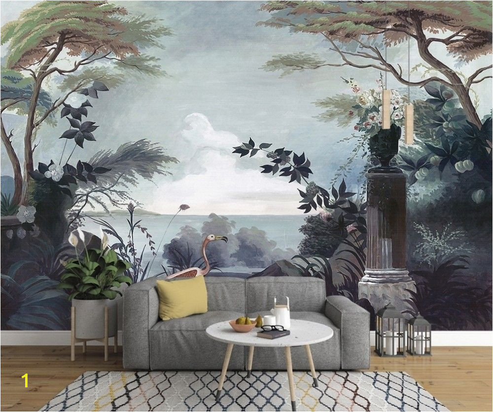Dark forest Wall Mural Dark forest and Seascape with Pelican Birds Wallpaper Mural
