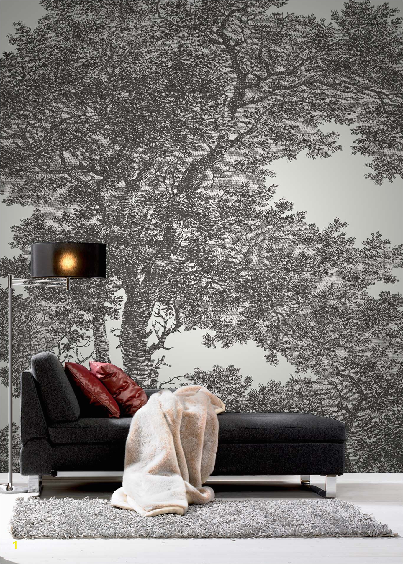 Etched Arcadia Wall Mural Tree Wallpaper Black and White Wallpaper Passepartout