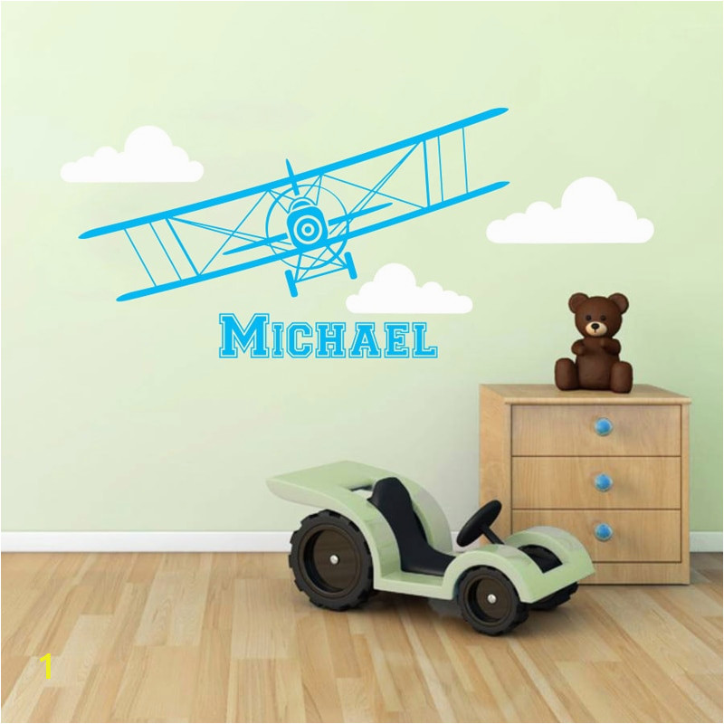 Mmctum Brand Airplane Vinyl Sticker Personalized Custom Name Biplane Clouds Decals Plane Kids Children Name Nursery