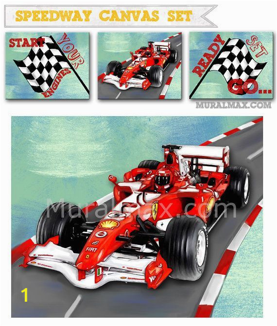 Formula One Wall Murals Race Car Set 3 Canvas Nursery Art Race Car Wall by