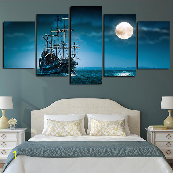 Full Moon Wall Murals 2019 5 Panels Canvas Print Wall Art Sailboat Seascape Picture Full Moon Night Sea Moonlight Ocean Ship Artwork Blue Ocean Poster From