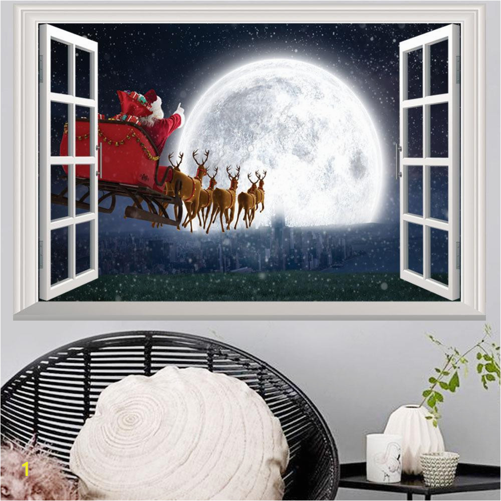 Full Moon Wall Murals 3d False Window Santa Claus Wall Decal Room Bedroom Merry Christmas Decorations Sticker Mural Hot Poster Home Decor 10styles Wall Stickers Kids Wall