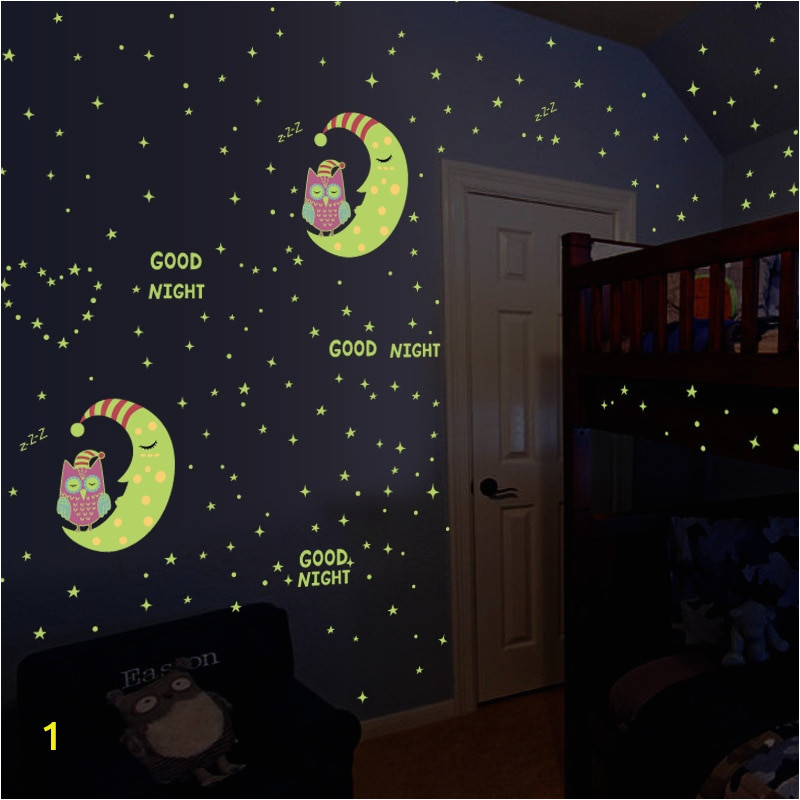 Glow In the Dark Space Wall Mural Glow In the Dark Owl Moon Stars Luminous Wall Stickers for