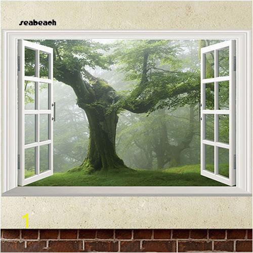Glow In the Dark Wall Mural Window Seabeach Old forest Tree 3d Window View Green Living Room Wall Sticker Home Diy Decal
