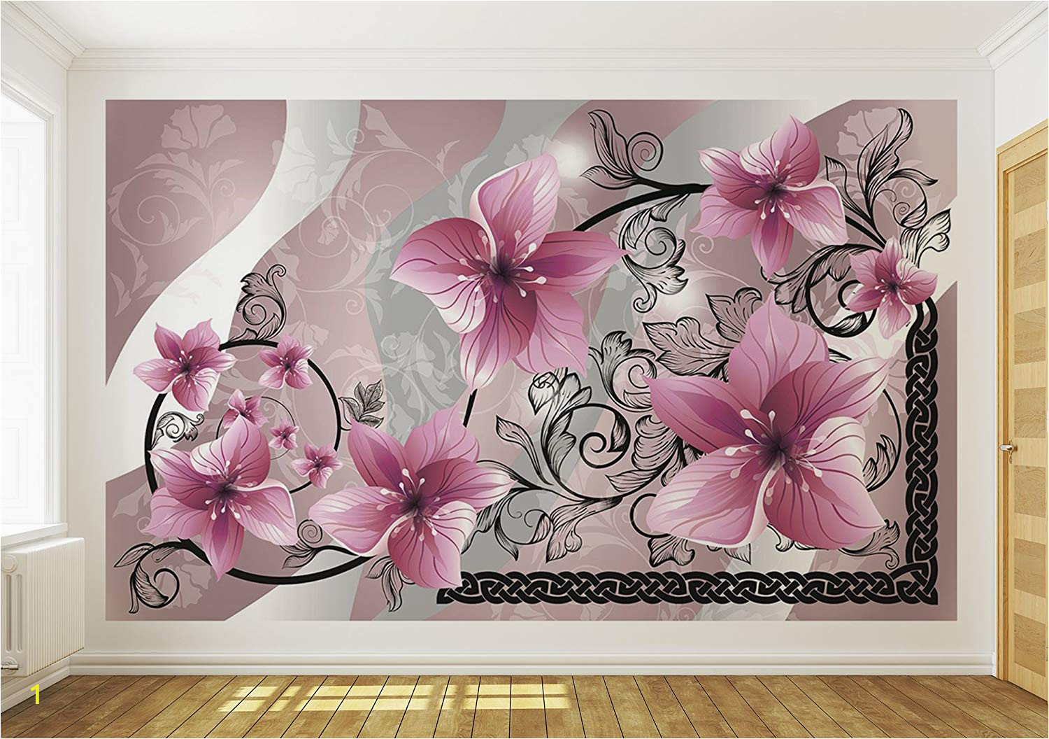 Grey Petals Wall Mural Pink Flowers On Grey Background Pattern Wallpaper Mural