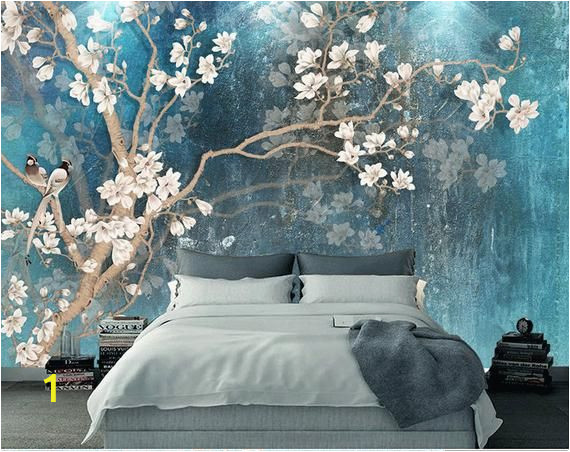 Hand Painted Floral Wall Murals Blue Color Magnolia Flowers Wallpaper Wall Murals