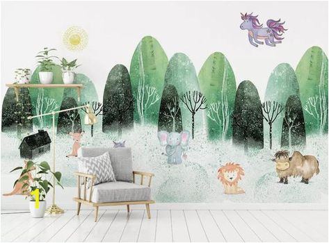 Hand Painted Nursery Wall Murals Kids Wallpaper Cartoon Tree and Animals Wall Mural Child