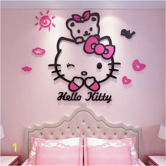 Hello Kitty Wall Murals Stickers Hello Kitty & Teddy 3d Wall Decal Stickers Room Decor Wall Sticker Arcylic Mirror Surface Nursery Bedroom