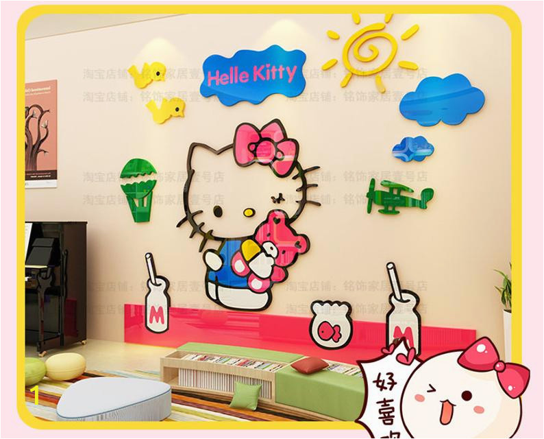 Hello Kitty Wall Murals Stickers Hello Kitty Sunshine Bird Sky 3d Wall Decal Stickers Room Decor Nursery Bedroom Decoration Arcylic Mirror Surface