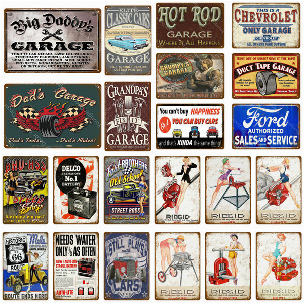 Hot Rod Garage Wall Murals 2019 Hot Rod Garage Decor Vintage Metal Tin Signs Classic Car Motor Battery tools Wall Art Plate Shabby Chic Painting Plaque From Boxx $2 59
