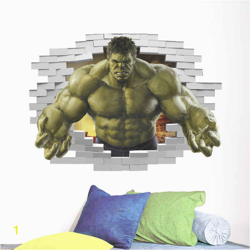 Powerful Hulk 3d Broken Hole Wall Stickers For Boys Room Decoration Avengers Super Hero Mural Art q50