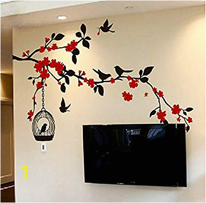 Japanese Cherry Blossom Wall Mural Cherry Blossom Tree Flying Birds with Birdcage Wall Decals Kitchen Nursery Living Room Wall Stickers Wall Art Murals