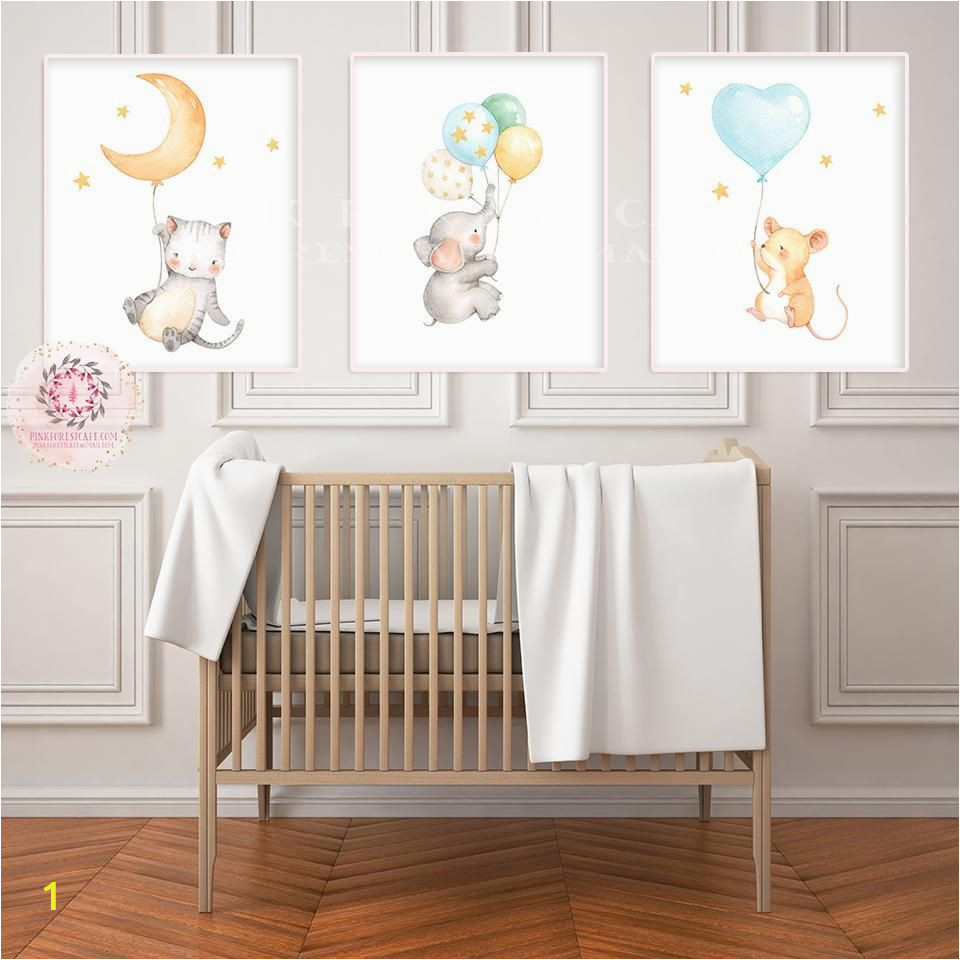 Jungle themed Nursery Wall Murals Boho Elephant Mouse Cat Nursery Wall Art Print Balloons