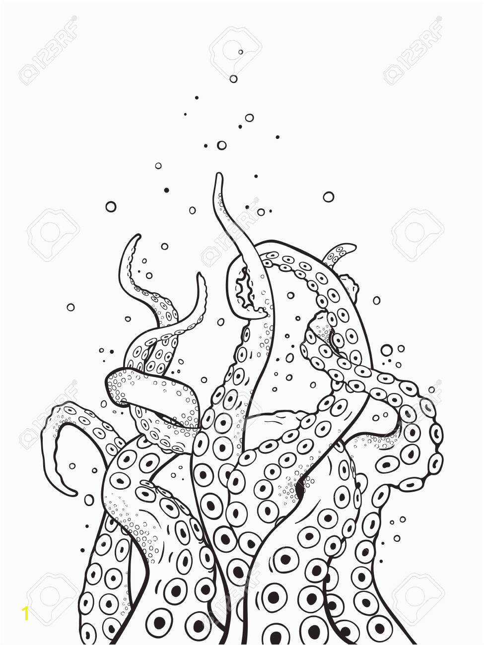 octopus tentacles curl and intertwined hand drawn black and white line art coloring book pages for k