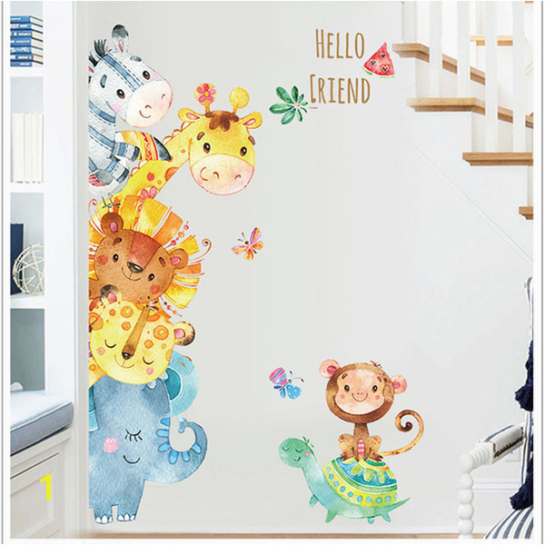 Kids Wall Murals Uk Watercolor Painting Cartoon Animals Wall Stickers Kids Room Nursery Decor Wall Mural Poster Art Elephant Monkey Horse Wall Decal Uk 2019 From