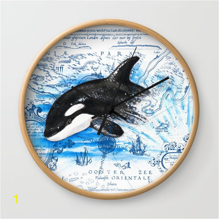 breaching baby orca watercolor blue vintage map wall clocks