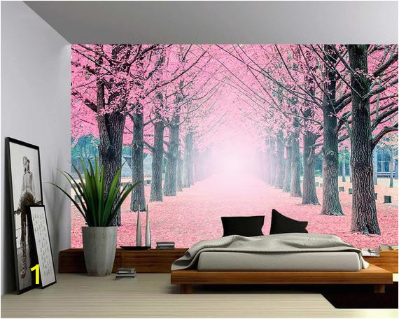Landscape Wall Murals Wallpaper Foggy Pink Tree Path Wall Mural Self Adhesive Vinyl Wallpaper Peel & Stick Fabric Wall Decal