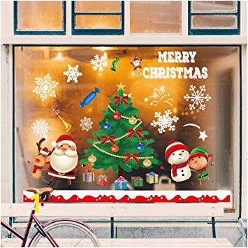 Large Christmas Wall Murals White Snowflakes Window Clings with Christmas Tree Santa Claus Snowman Reindeer Xmas Holiday Colored Window Decals Reusable Static Sticker