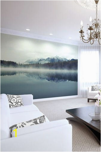 Large forest Wall Mural Mountain Lake Wallpaper Mural Foggy Ombre Mountain Lake