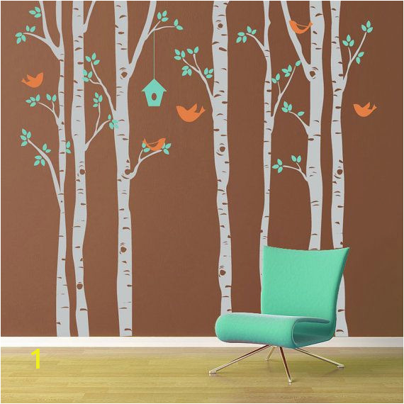 Large Wall Mural Decals Vinyl Wall Decal Birch Trees and Birds Extra Wall