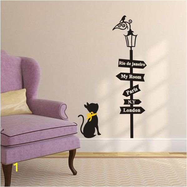 London themed Wall Murals Stylish Street Lamp and Kitten Pattern Removeable Wall