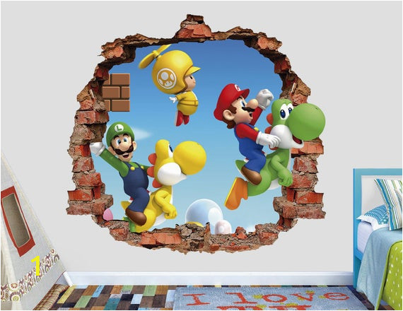 Mario Bros Wall Mural Mario Bros Wall Decal Super Mario World 3d Brick Smashed Decor Art Kids Luigi Sticker Vinyl Mural Custom Gift