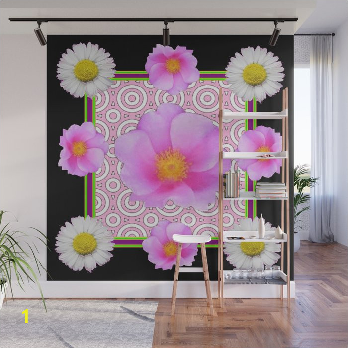 modern art style shasta daisy pink roses black color abstract art wall murals