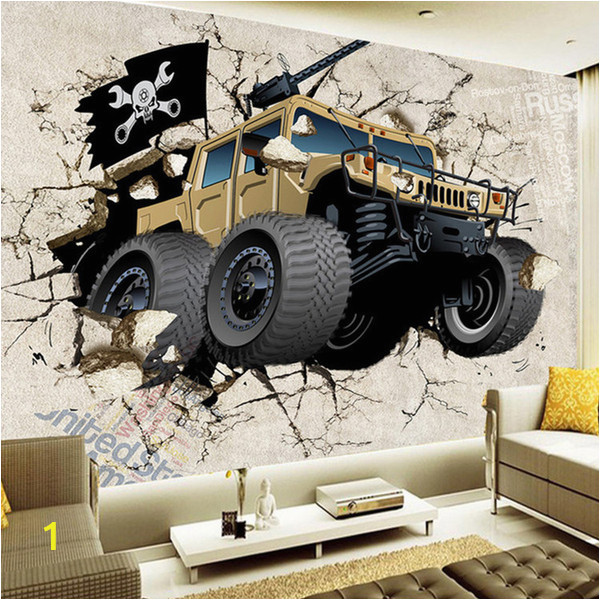 Monster Truck Wall Mural Großhandel Benutzerdefinierte Wandbild Tapete Cartoon Auto Gebrochene Wand 3d Kreative Kunst Wandmalerei Wohnzimmer Tv Hintergrund Tapete Für