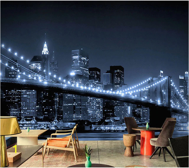 New York Lights Wall Mural Night In New York the Lights the Bridge the River High