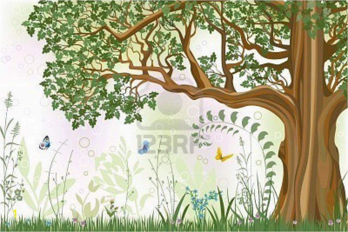 Oak Tree Wall Mural Vector Iillustration Of An Oak Tree In A Meadow