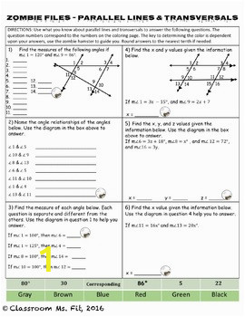 Parallel Lines and Transversals Angle Pairs Coloring Page Answers Parallel Lines and Transversals Zombie Coloring Page