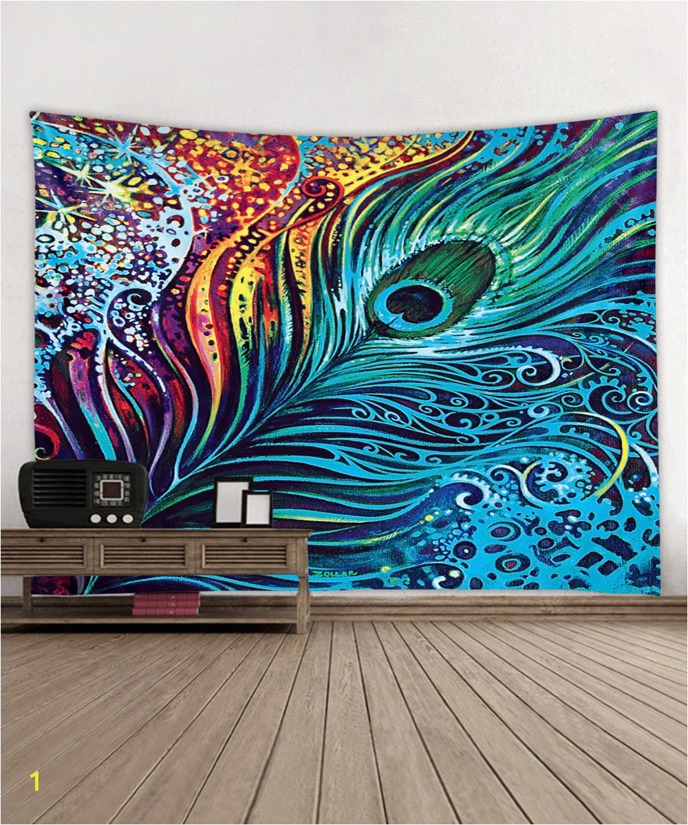 Peacock Feather Wall Mural Gift for Housewarming Multicolored Beautiful Colorful Peacock Feather Printed Tapestry Hanging Wall Decoration Art Beachtowel Shawl Flag Wall