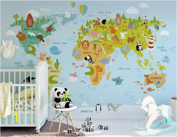 Peel and Stick World Map Wall Mural Fantastic Animal World Map Wallpaper Nursery Wall Mural Removable Kids Wall Paper Self Adhesive Geography Wall Decor for Children Bedroom