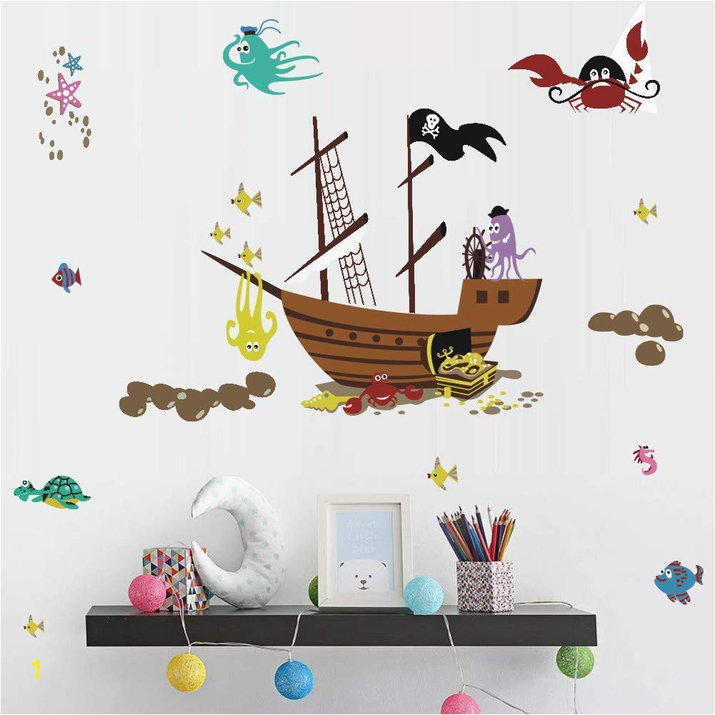 Pirate Ship Wall Mural Buckoo Ocean Animal Wall Decal Pirate Ship Wall Decal Nautical themed Party Decoration Nursery Baby Playroom Room Decor