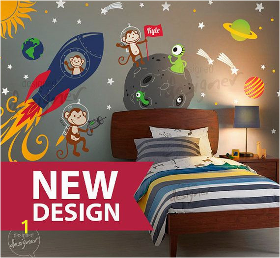 Rocket Ship Wall Mural Space Wall Decal Rocket Ship Alien Planet Monkey astro