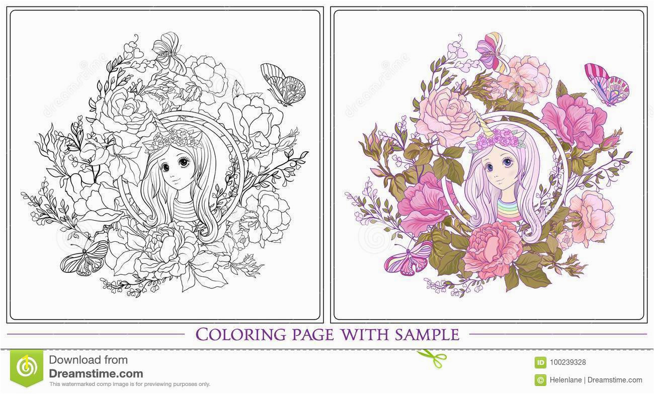 young nice girl long hear unicorn horn hat garden roses outline drawing coloring page colored sample book adult