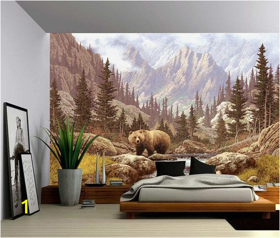 Self Adhesive Vinyl Wall Murals Grizzly Bear Mountain Stream Wall Mural Self