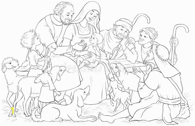 christmas nativity scene holy family baby jesus mary joseph shepherds coloring page vector cartoon christian illustration